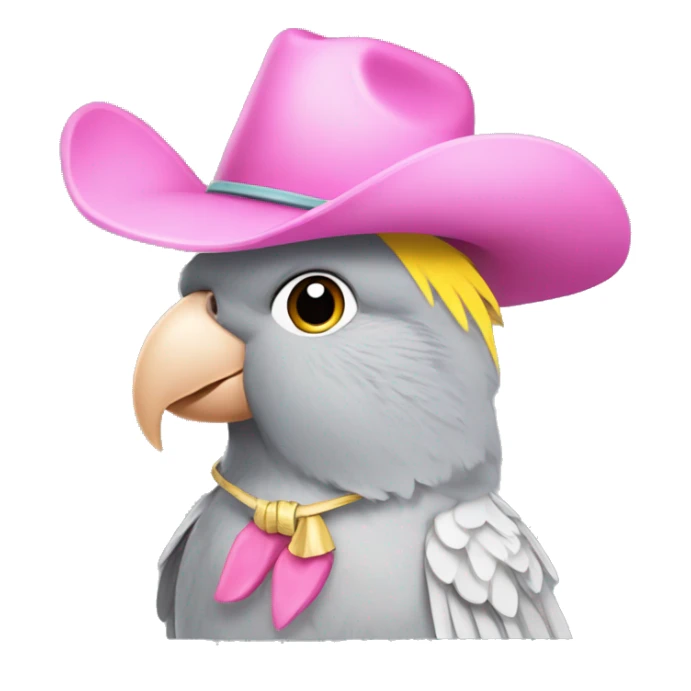 Grey cockatiel with a pink cowgirl hat sticker