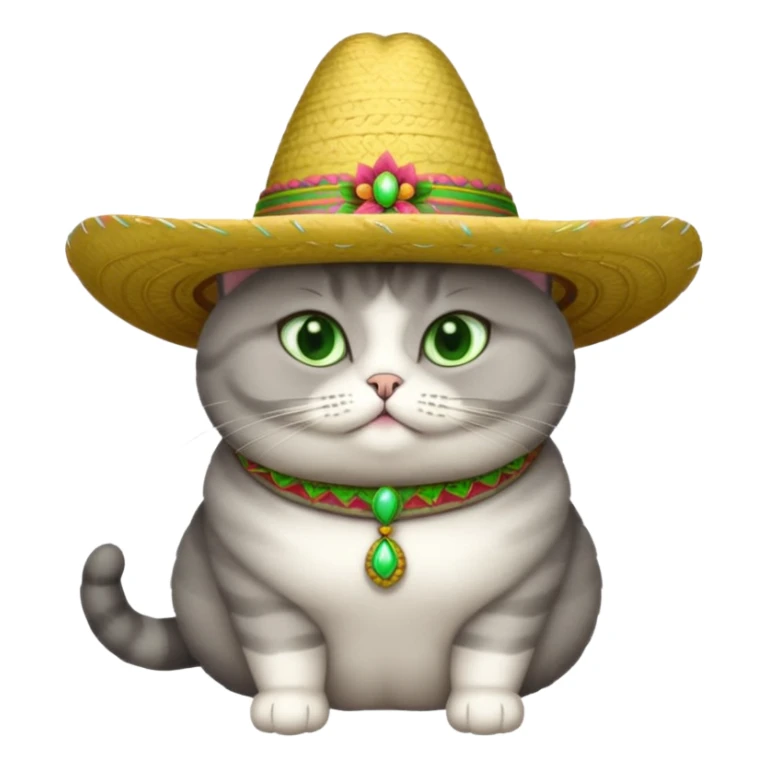 Fat gray cat green eyes wearing sombrero sticker