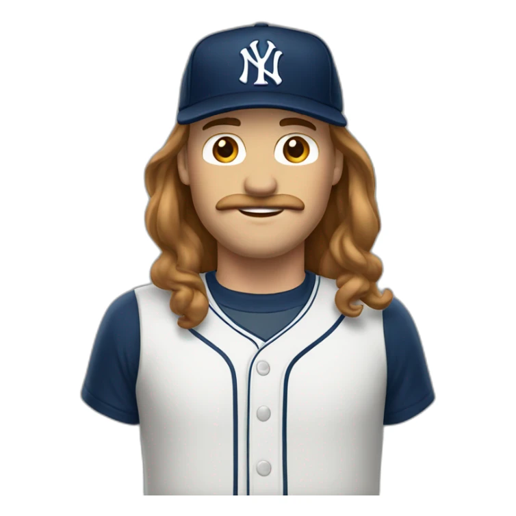 white man with brown long hair and ny baseball cap and mustache sticker