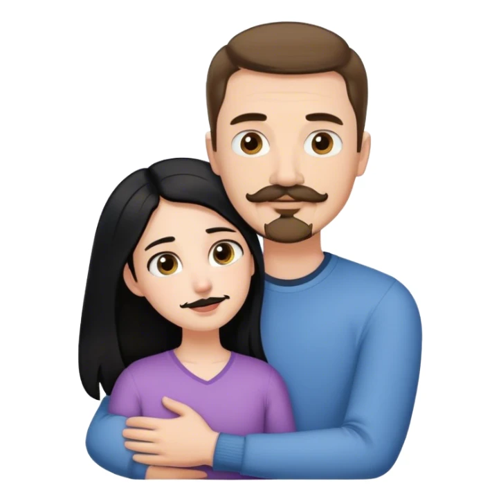 Tall white man with short brown hair mustache and goatee, hugging small pale woman long with black hair sticker