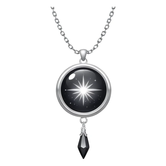 ethereal onyx stone radiating silver energy, cosmic dust around it, delicate floating chain sticker