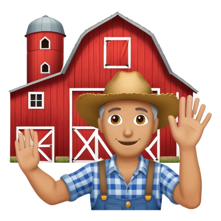 a farmer waving in front of a red barn sticker