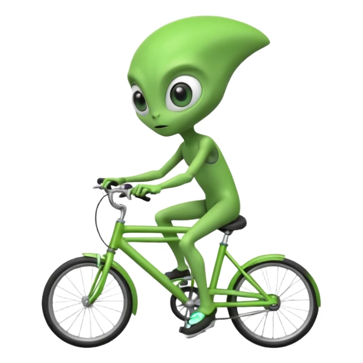 alien riding a bicycle, cute extraterrestrial character, casual cycling pose, big curious eyes, futuristic yet playful vibe, 3D cartoon, mobile game icon style, clean background, no text, no watermark
 sticker