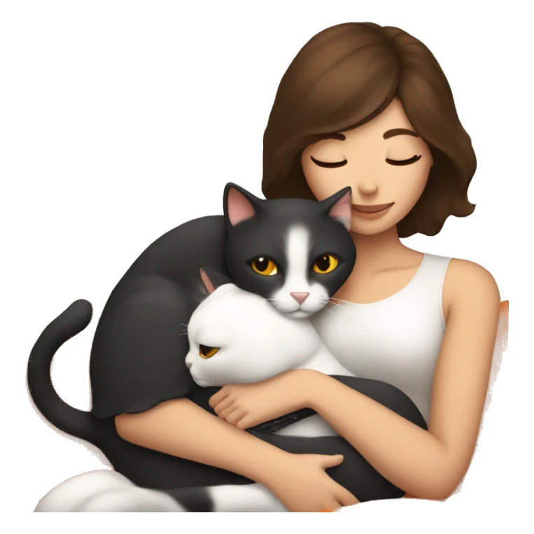 Brunette woman snuggling white orange cat sticker