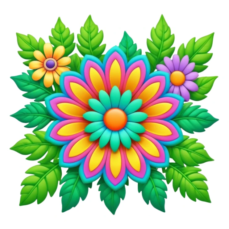 3D, psychedelic colored hippie style flower border with leaves sticker