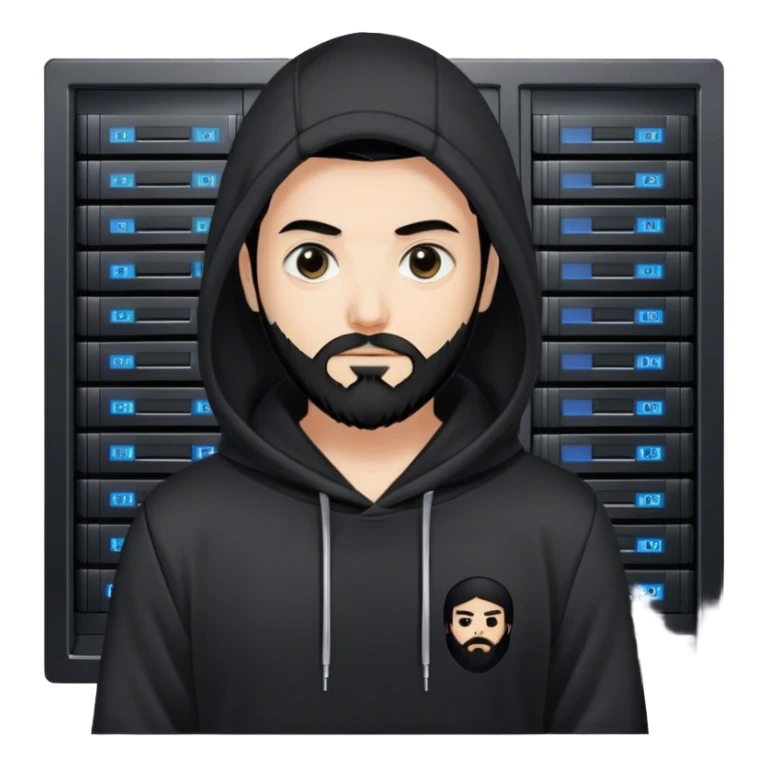 hackeur blanc cheveux noir barbe et capuche noir à côté d'un server ia sticker