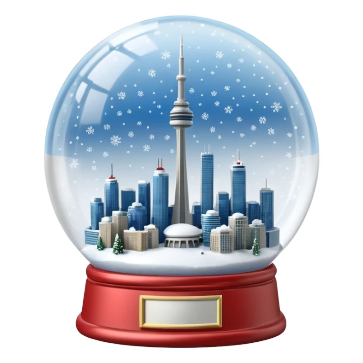 A Tiny beautiful hyperrealistic Glass Snow globe, with Toronto City CN tower within the global, full of snow, expressing  a snow storm in ontario.  Isolated, 3D render  sticker