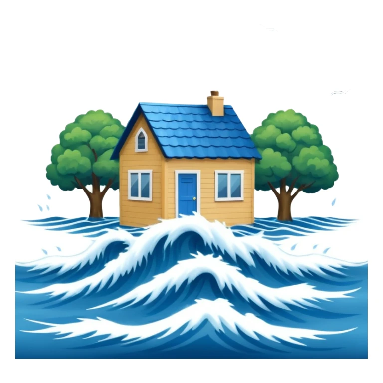 showing a flood disaster scene with powerful blue water waves overflowing around small houses and trees, dark cloudy sky, heavy rain falling, dramatic yet simple design sticker
