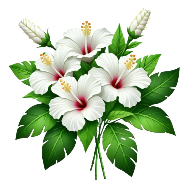 bouquet white Hawaiian hibiscus, luxuriant, stem, leaf, bud sticker