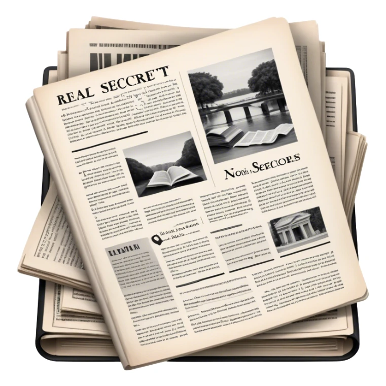 Icon for Non-Fiction & Narrative Reading: an open book with black-and-white photos on the pages, surrounded by a pile of newspaper clippings, and an open folder with top-secret documents. The icon should reflect the blend of real stories and facts in non-fiction literature. Transparent background. sticker