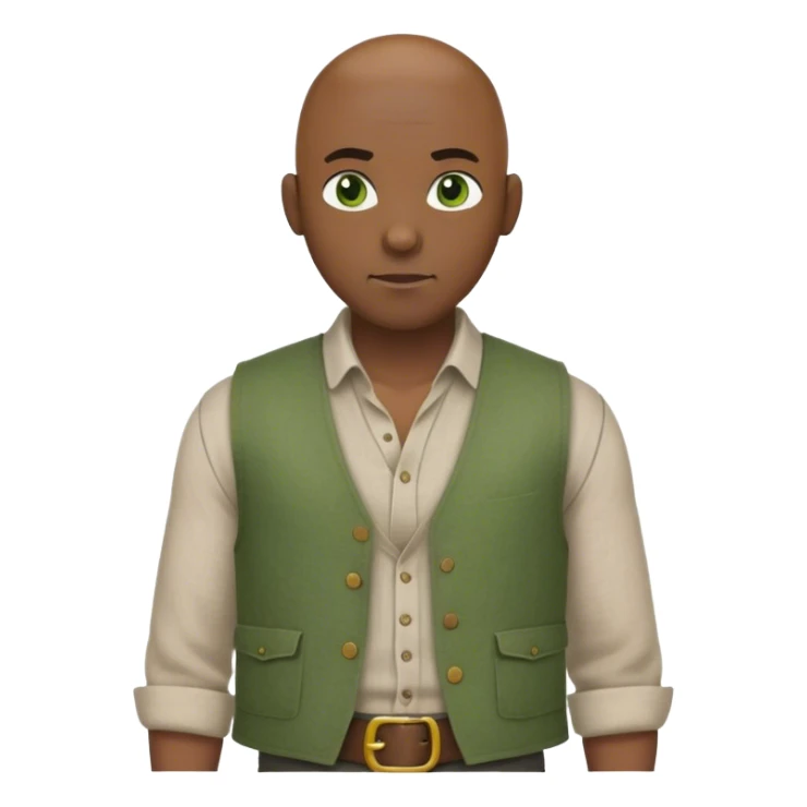 medieval outfit worn by a DnD themed fantasy character. basic linen shirt with a rough wool vest and a simple belt. clothes only above the waist. The clothes full waist. The character's haven't arms. character is bald, green eyes, dark-skinned man. sticker