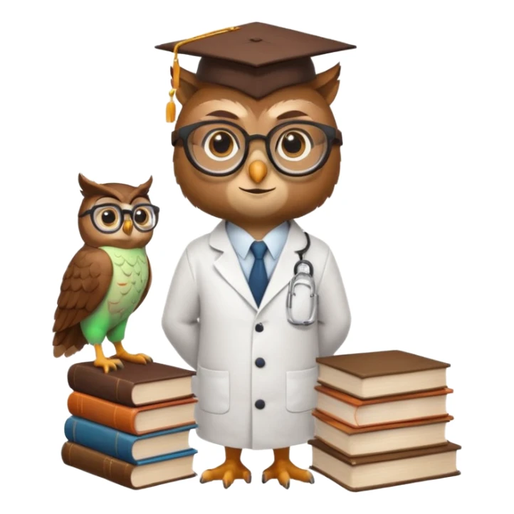 Wise owl with glasses, wearing a lab coat, perched on a stack of books. sticker