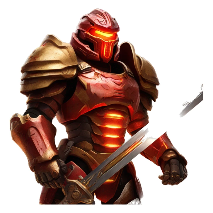 the Doom Slayer, a formidable armored warrior from a sci-fi game, clad in detailed red and gold armor, wielding a glowing sword against an apocalyptic backdrop. sticker