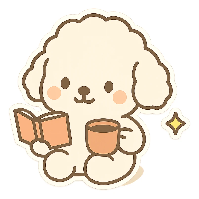 Transform the image into a WhatsApp sticker by removing the background, leaving only the cute dog sitting with a book and a mug. Add a white border around the dog for a sticker effect. sticker