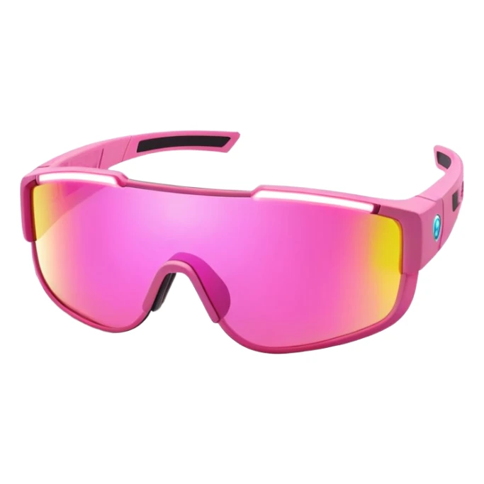 sporty pink shield visor sunglasses with thick frame and integrated LED light strip, tech-enhanced chunky design, massive build, one-piece lens with smart tint sticker