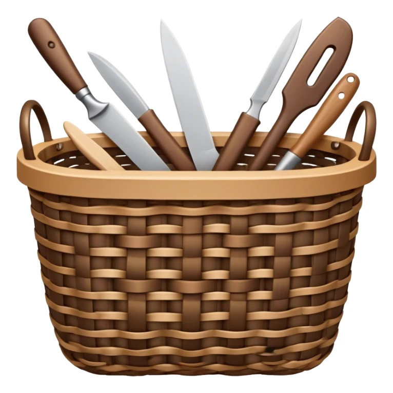 Wicker weaving icon, flexible wicker branches woven into a basket or decorative object, weaving tools like a knife or awl, intricate patterns, minimalistic style, clean lines, transparent background. sticker
