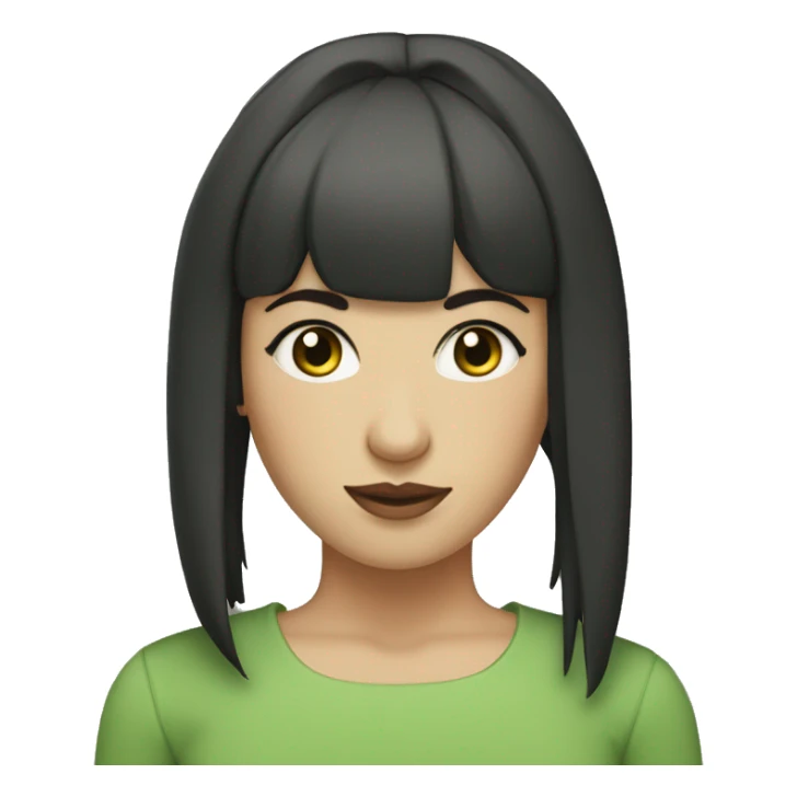 dark haired women with chopped bangs and a bun, west asian appearance, pale skin, green ey sticker
