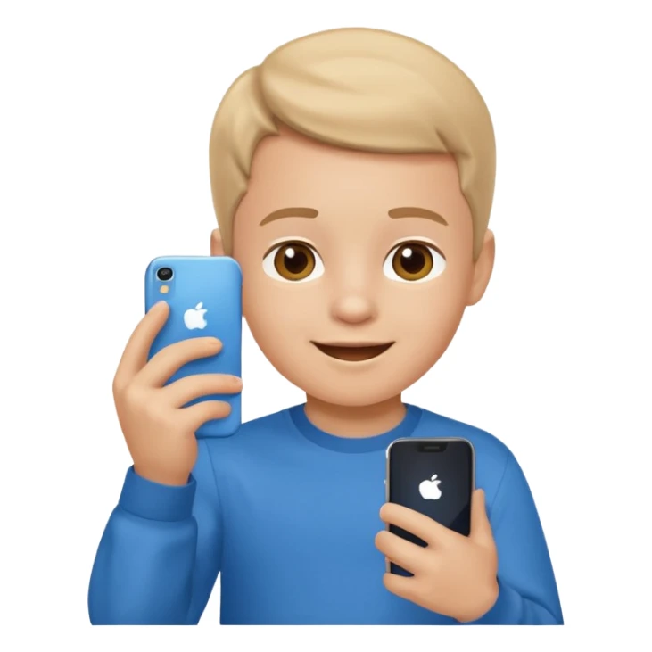 happy little kid with a phone, apple style emoji, wearing a blue shirt, concise style typical of apple emojis sticker