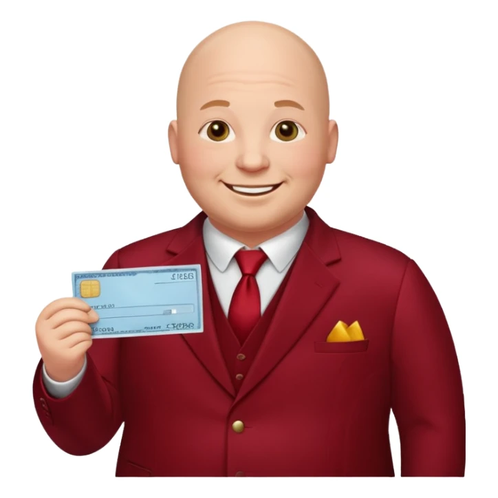 fat guy bold head in dark red velvet suit holding cheque sticker
