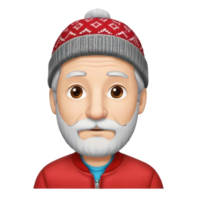 Older man with gray hair small beard and big nose with a patterned beanie on wearing red jacket sticker