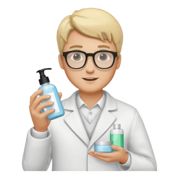 blonde man with white coat and glasses holding skincare products sticker