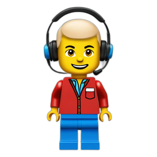 LEGO customer service bald men with headset with red shirt sticker