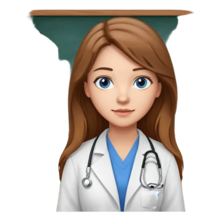 pretty female nursing student with long brown hair, blue eyes inside a classroom at university with blackboard behind her sticker