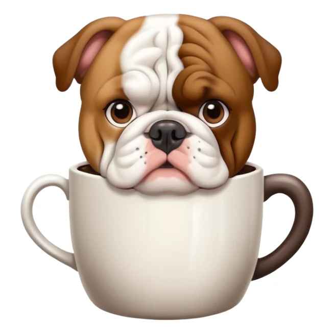 English bulldog looking at a coffee cup sticker