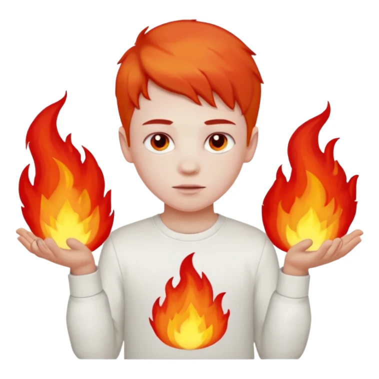 A boy with no hands fire instead made out of red fire and the boy is wearing a white shirt that has a sign that says FIRE CREATOR  sticker
