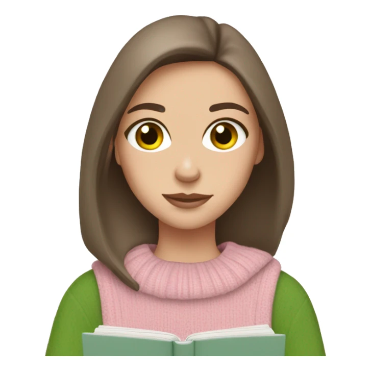 Pretty brunette green eyed white girl with light pink sweater reading cozy sticker