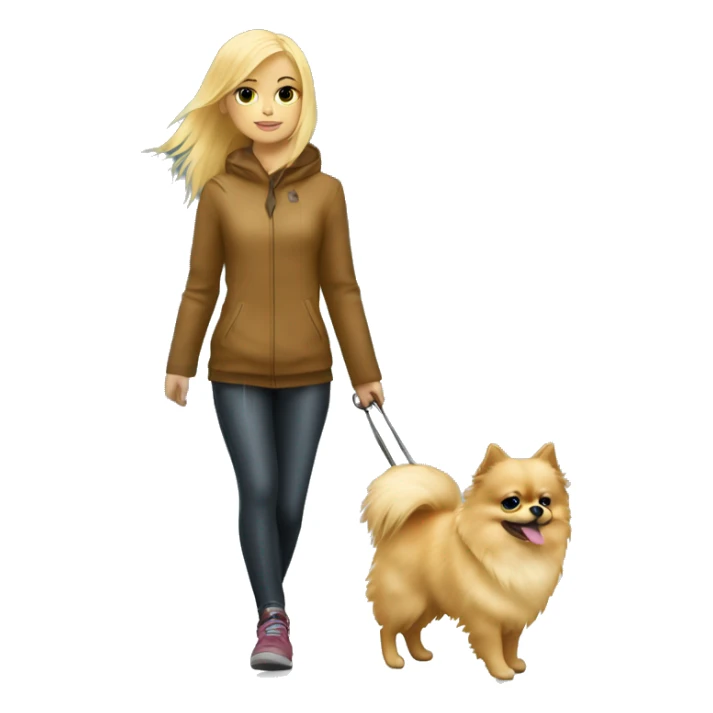 Blonde girl walking little pomeranian under the rain sticker