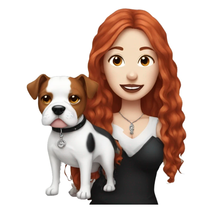 Long Red haired woman with septum piercing holding black and white English Staffordshire dog sticker