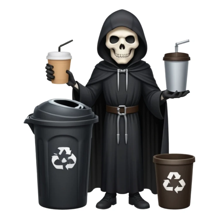 grim reaper with a coffee and trash can with papers  sticker