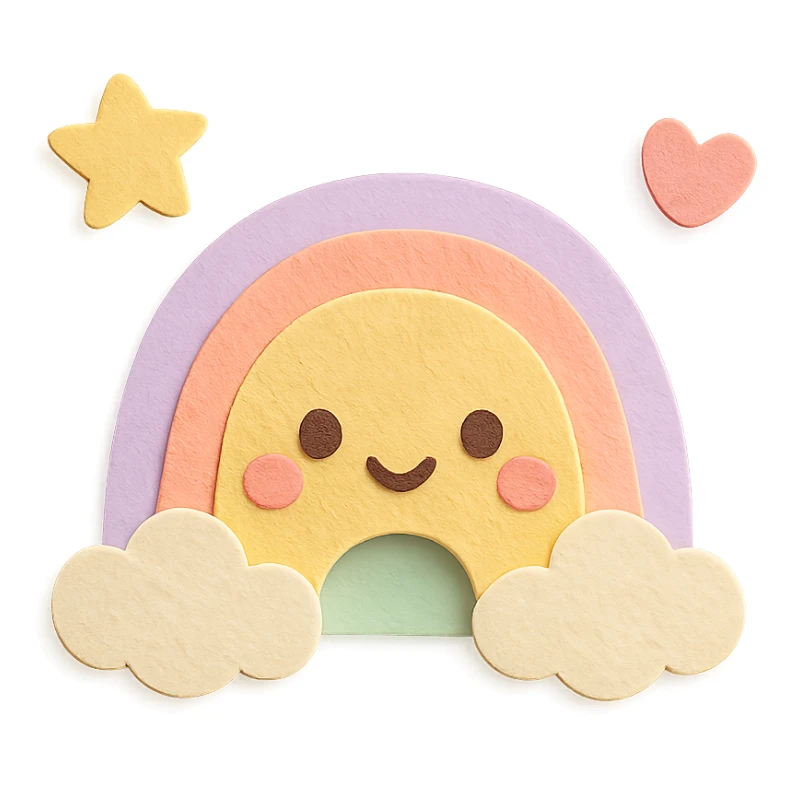 kawaii tiny rainbow with floating star and heart around, no arms, no legs, full body, soft pastel kawaii paper craft style sticker