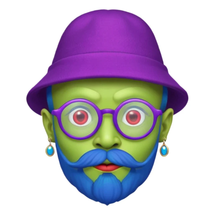 green alien with red glasses and blue hat and purple beard and earrings sticker