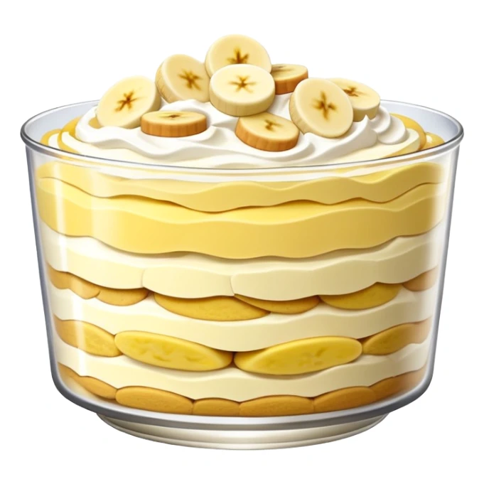 Banana pudding with vanilla wafers in a trifle dish sticker