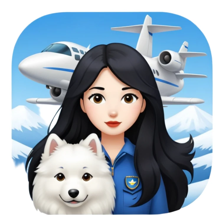 a aviation girl with long black  hair and a samoyed sticker