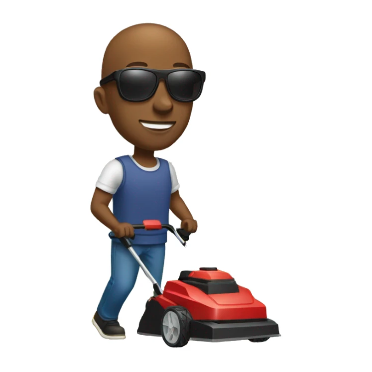 Black man with bald head and sunglasses pushing a lawnmower sticker