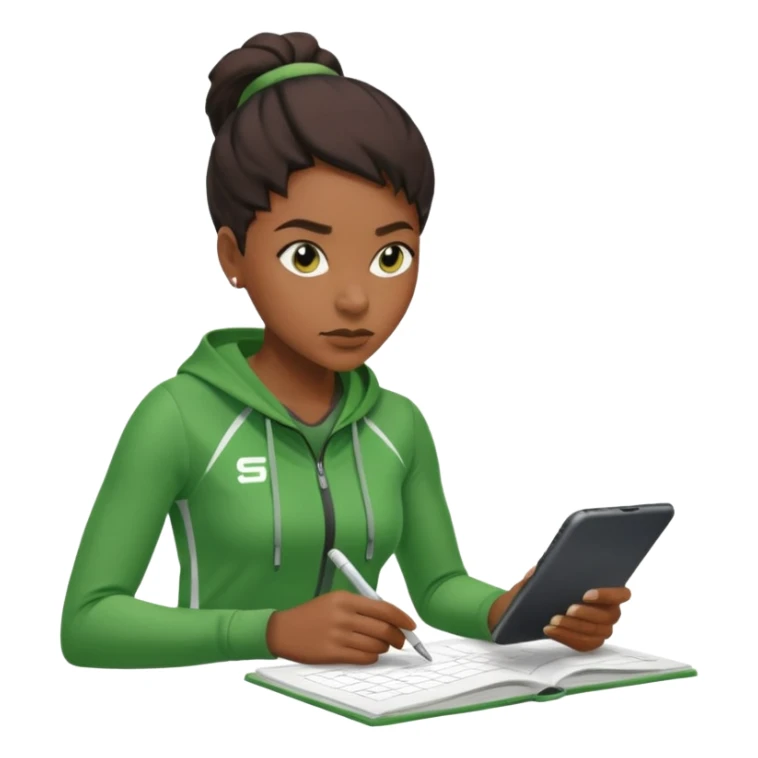 A calm black female coach with folded arms, analyzing the game with sharp focus, green clothes sticker