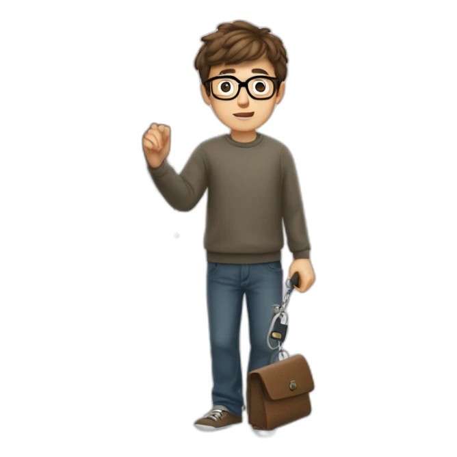 short-haired, brown-haired young man wearing glasses, unable to put a key in the lock of a door sticker