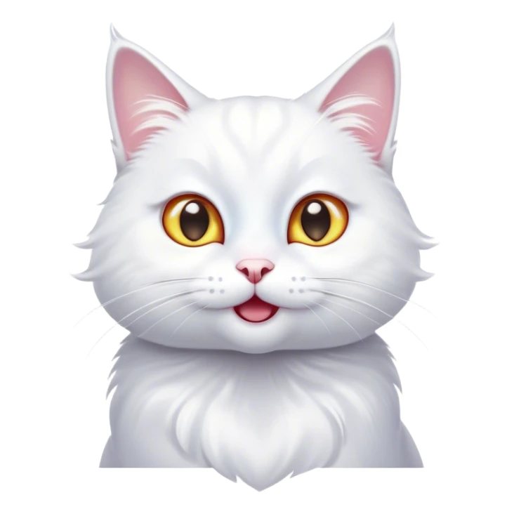 Cinematic Comical White Cat Portrait Emoji, Head tilted in an exaggerated, surprised manner with wide, sparkling eyes, showcasing a pristine white fur with subtle hints of silver and an animated, goofy expression, simplified yet whimsically detailed, glowing with a playful, bright radiance, high shine, exuding a lighthearted and comical charm, styled with a soft glowing outline, capturing the essence of a white cat that looks ready to prance comically off the screen! sticker