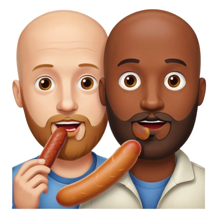 Two man eating one sausage, both bald, both have beards, one African American and the other Caucasian  sticker