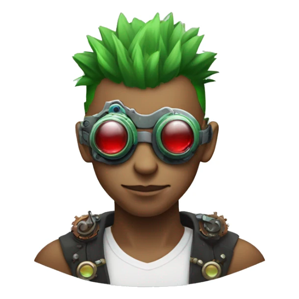 Male cyborg with thin red Mohawk and green steampunk goggles sticker