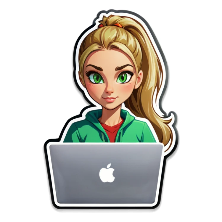 Blonde woman ponytail green eyes with cat and MacBook sticker