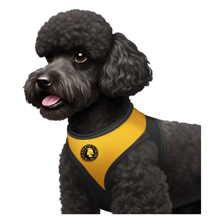 A black miniature poodle with a shaved face and a black collar with gold Versace emblems on it wearing an Arizona state #4 football jersey  sticker