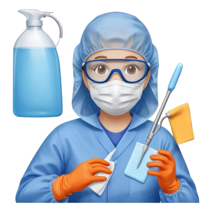 A meticulous cleanroom worker dressed in full protective gear, including a blue sterile suit, a face mask,  and orange gloves.  cleaning glasses with a wipe sticker