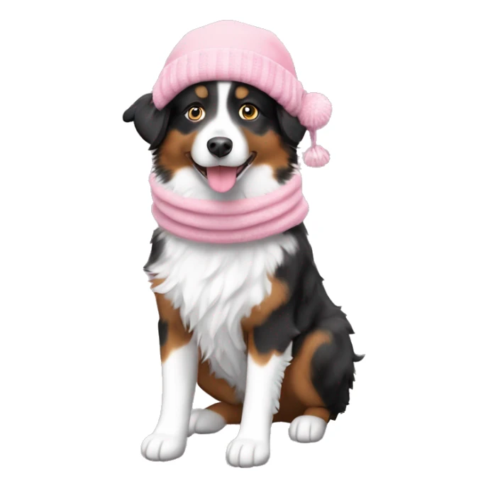 Mini Australian Shepherd with light pink snow gear including a scarf and a hat, and the mini Australian Shepherd should be black and white sticker
