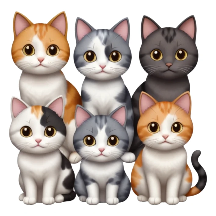 5 different coloured short haired cats including; a dark brown and white cat, and a dark grey and white, and a calico sticker