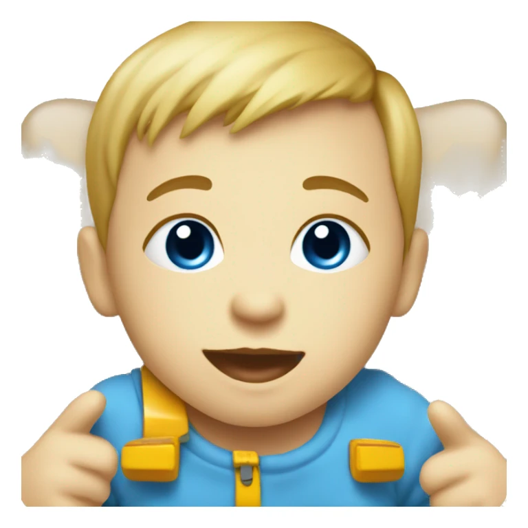 Baby with blue eyes playing with a toy bus sticker