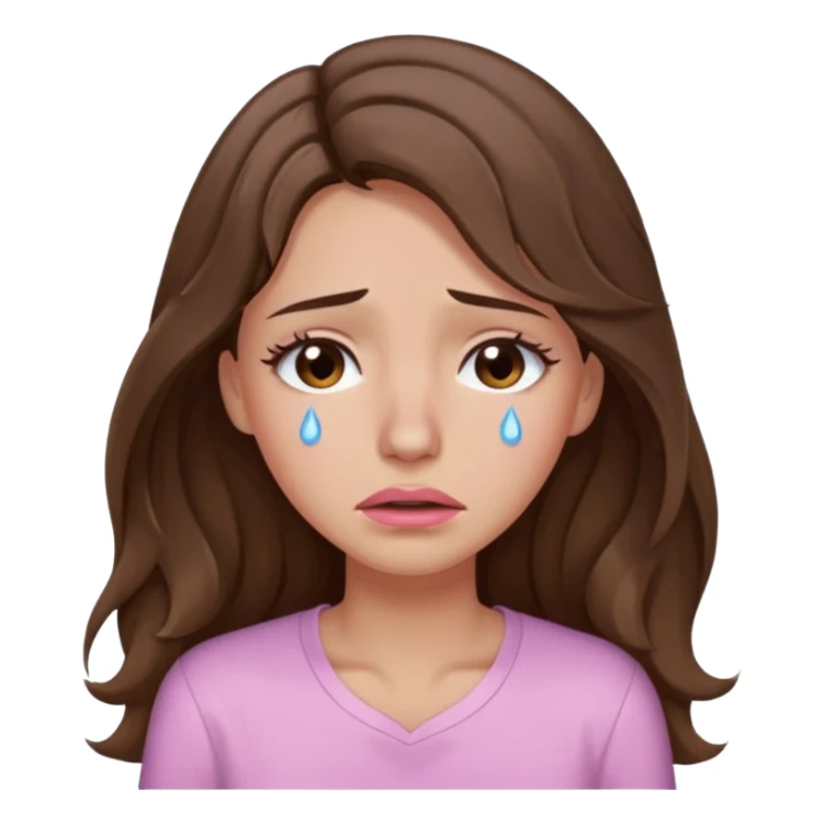 girl with wavy long brown hair, brown eyes, light to medium complexion, long lashes, light pink lipstick, wearing light pink shirt, weeping big big tears sticker